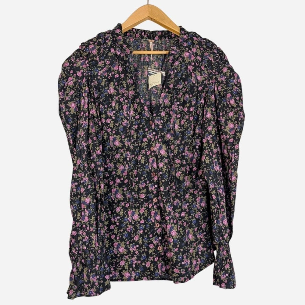 Free People Meant To Be Floral Tie Neck Blouse Black Combo Large - Picture 3 of 9